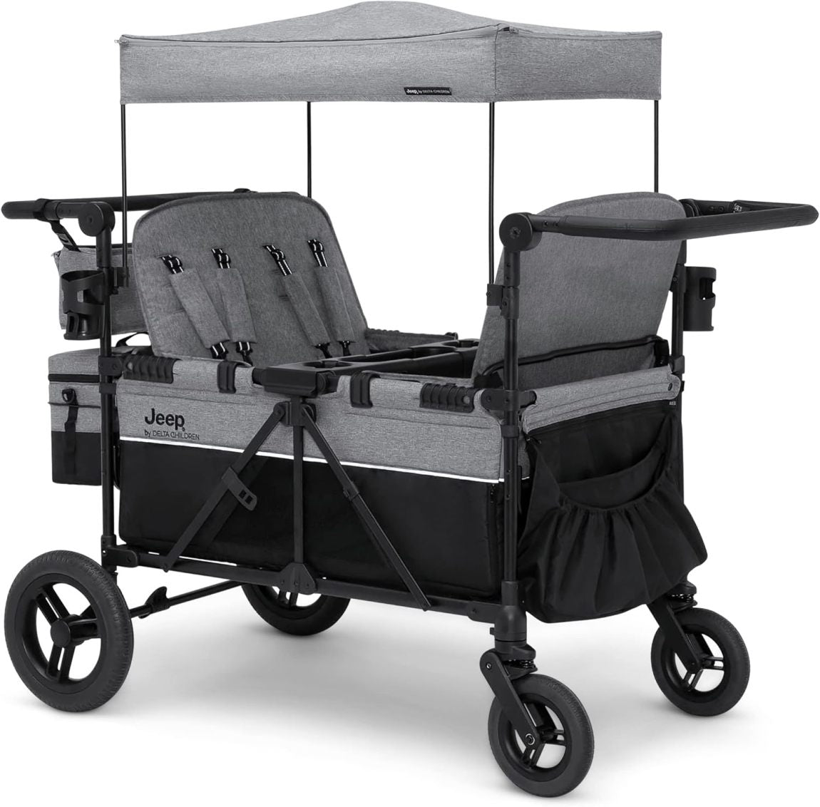 Premium 4-wheel stroller with adjustable push/pull handle, removable canopy and flat folding function, convertible seat