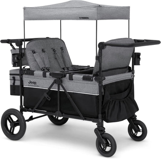Premium 4-wheel stroller with adjustable push/pull handle, removable canopy and flat folding function, convertible seat