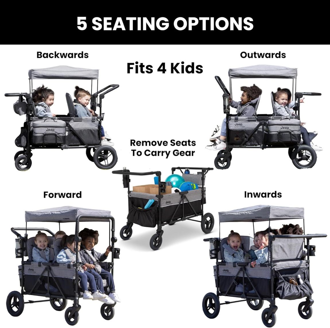 Premium 4-wheel stroller with adjustable push/pull handle, removable canopy and flat folding function, convertible seat