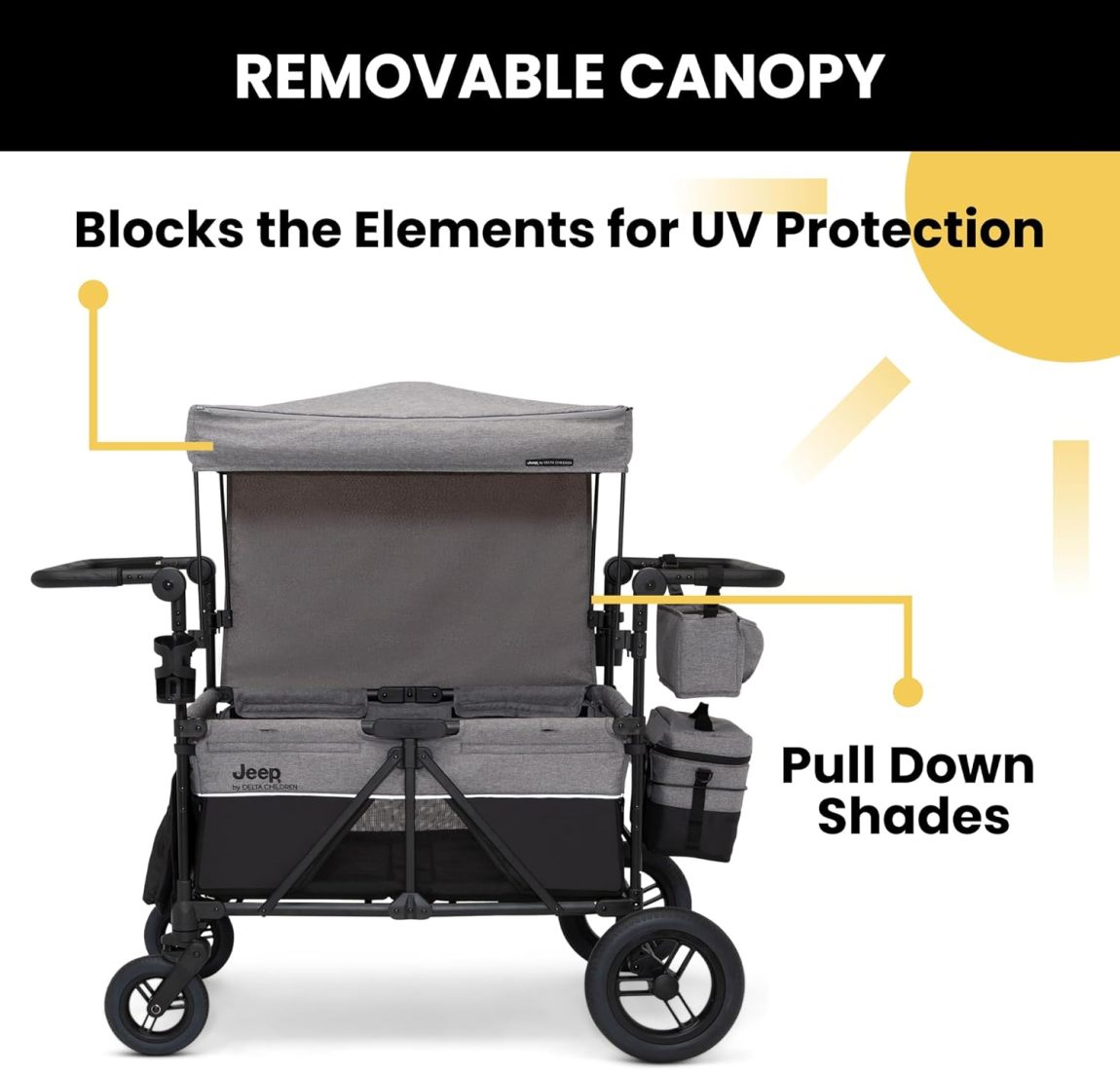 Premium 4-wheel stroller with adjustable push/pull handle, removable canopy and flat folding function, convertible seat
