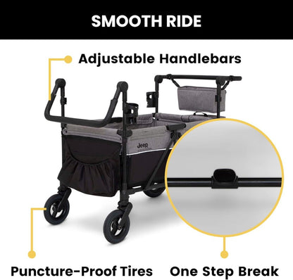 Premium 4-wheel stroller with adjustable push/pull handle, removable canopy and flat folding function, convertible seat