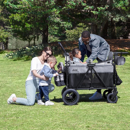 Premium 4-wheel stroller with adjustable push/pull handle, removable canopy and flat folding function, convertible seat